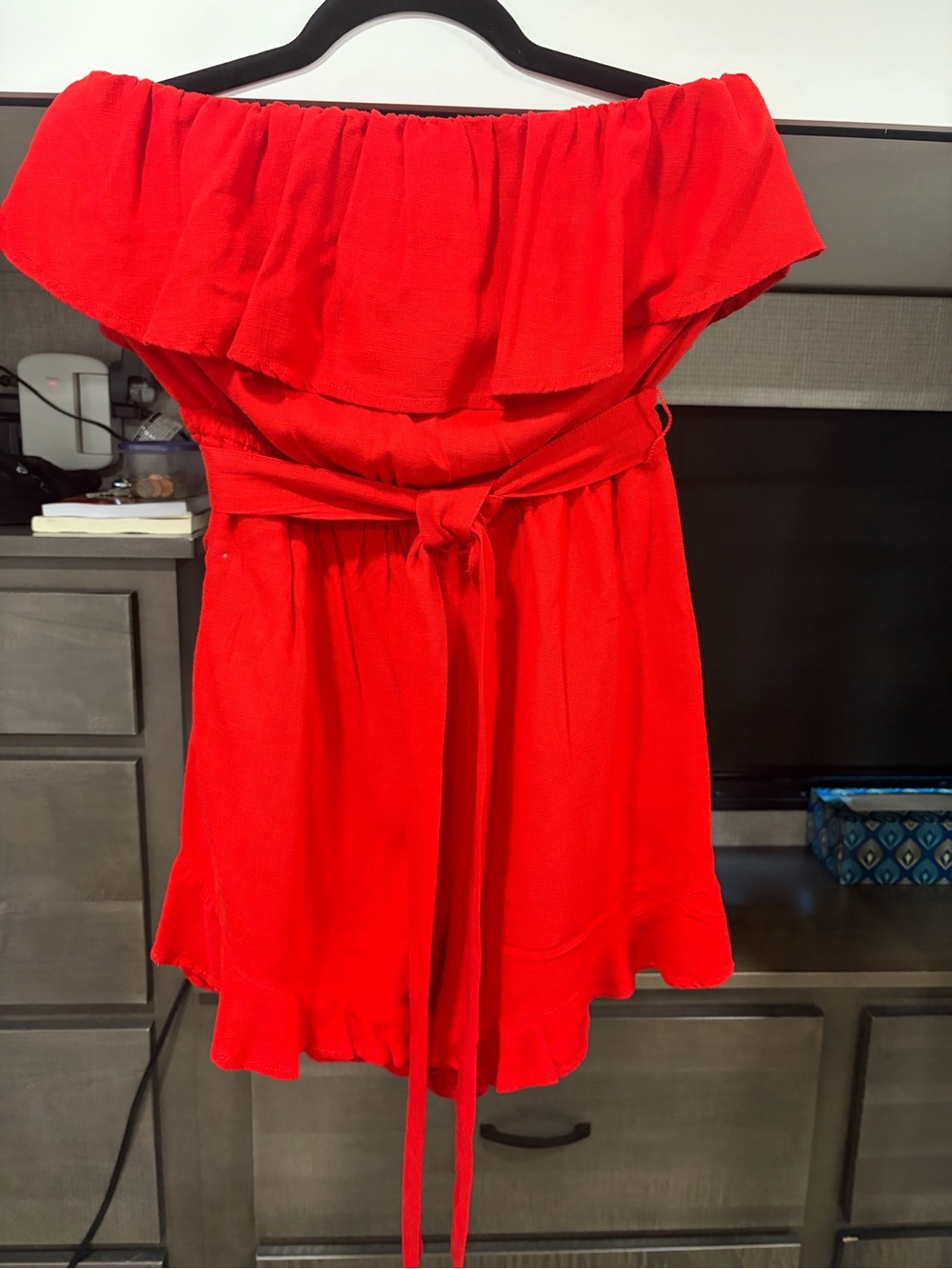 Cato Red strapless  Ruffle Romper with Waist Tie